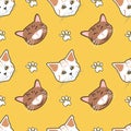 Cute vector seamless pattern with hand drawn difference cats, paws on yellow background.